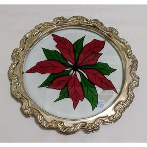Vintage 1996 WM Rogers & Son Silver Plated Poinsettia Glass Tray